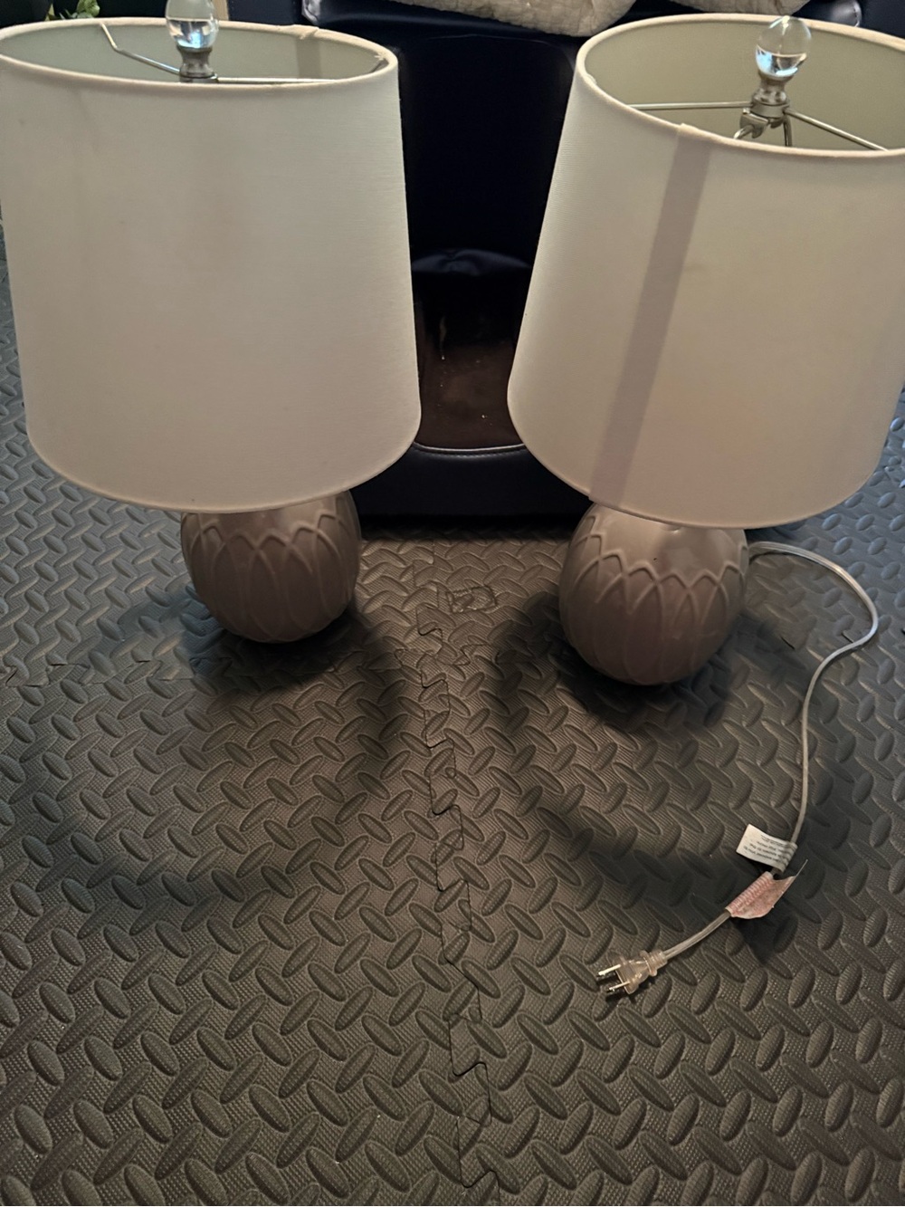 Ceramic Pair of Table Lamps in Taupe with White Shades